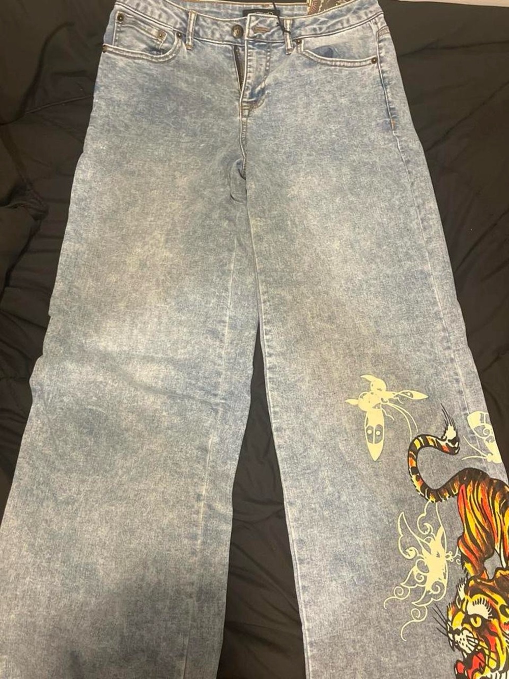 Ed Hardy Light Blue Acid Wash Wide-Leg Jeans with Tiger Graphic